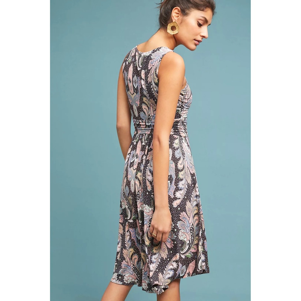 Maeve Anthropologie Womens Leslie Midi Paisley Faux Wrap V-Neck Dress Black S - Picture 3 of 9